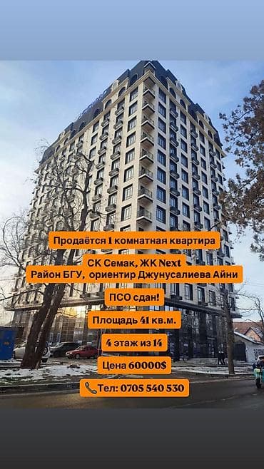 квартира 1 комнатная аламедин 1: 1 комната, 42 м², Элитка, 4 этаж, Готовая ПСО (под самоотделку) — 1