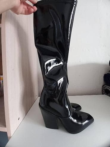 ложка для обуви: Женские сапоги из лакированной эко-кожи, цвет черный. - Высота: до — 2