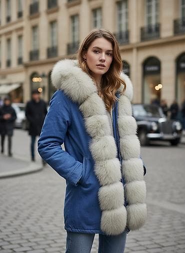 Куртка-парка джинсовая, натуральный мех(кролик), размер М (46-48), в