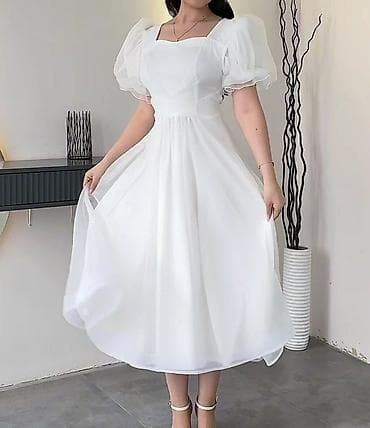 сарафан из кружева: Белое платье миди с воздушными рукавами, платье на выпускной, платье — 1