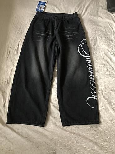 шапка барбери: Штаны джинсовые, свободный крой (wide/loose fit), черный деним с серым — 1