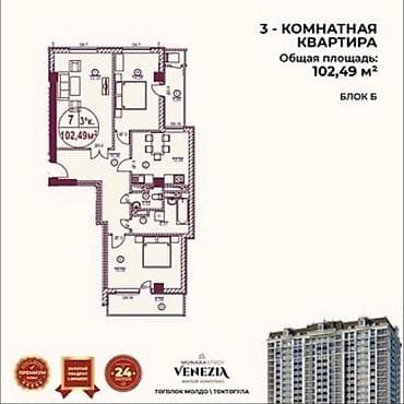 Кыймылсыз мүлк: 3 бөлмө, 103 м², Элитка, 8 кабат, ПСО (өзү оңдоп түзөтүп бүтүү үчүн) — 2