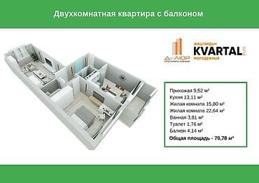 Квартиры: 2 комнаты, 71 м², 2 этаж, Готовая ПСО (под самоотделку) — 2