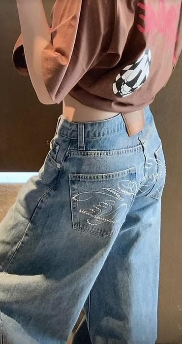 Джинсы: Джинсы, Бэгги, Средняя талия, Со стразами, S — 3