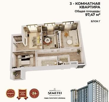 Квартиры: 3 комнаты, 97 м², Пишпек Элитка, 9 этаж, ПСО (под самоотделку) — 5