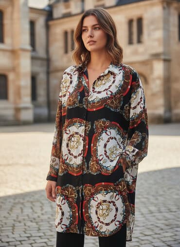 Женская рубашка-туника свободного кроя с воротником и планкой под