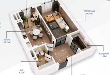 ала тоо 2 дом: Строится, Элитка, 1 комната, 44 м² — 3
