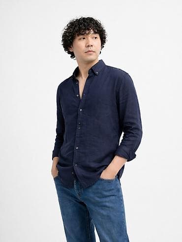 рубашка джинсовая: Мужская рубашка с длинным рукавом из 100% льна тёмно‑синей цвет, под — 1