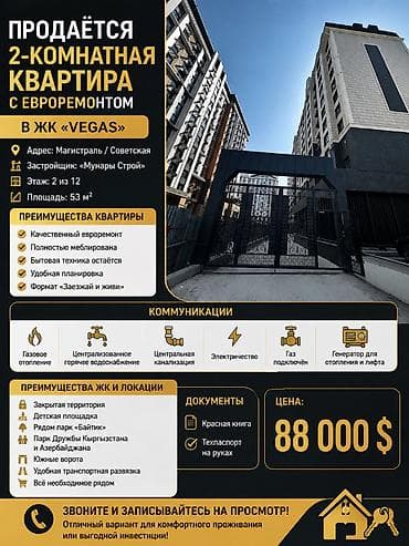 Недвижимость: 2 комнаты, 53 м², Асанбай мкр Элитка, 2 этаж, Евроремонт — 1