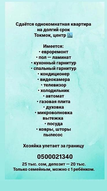 ош парк квартира аренда: 1 комната, Собственник, С мебелью полностью — 1