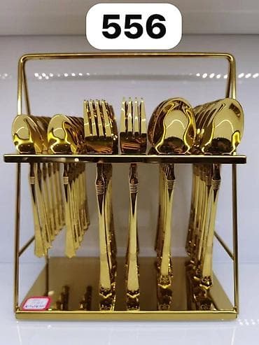 ложки вилки набор: Столовые приборы в золотом исполнении с подставкой - Комплект на 24 — 3