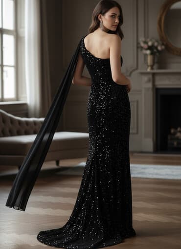 прокат костюмов для взрослых бишкек: Вечернее платье в пол, черное, асимметричного кроя. - Один открытый — 1