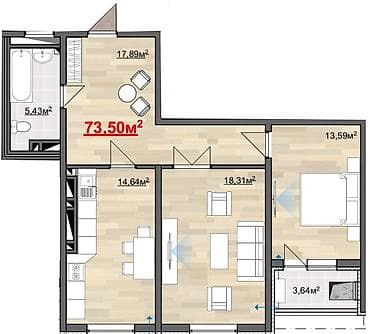 2 комнаты, 73 м²