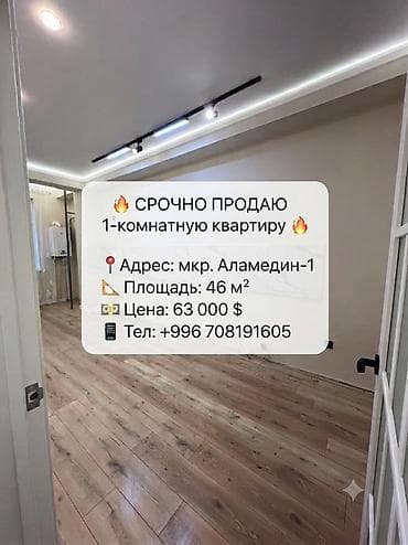 46: 1 комната, 46 м², Аламедин-1 мкр Элитка, 2 этаж, Евроремонт — 1