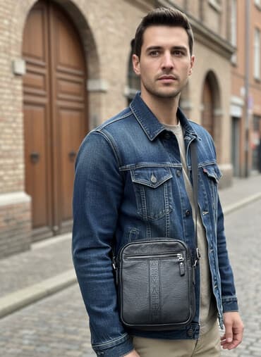 Компактная мужская сумка на плечо из чёрной кожи. Особенности: -