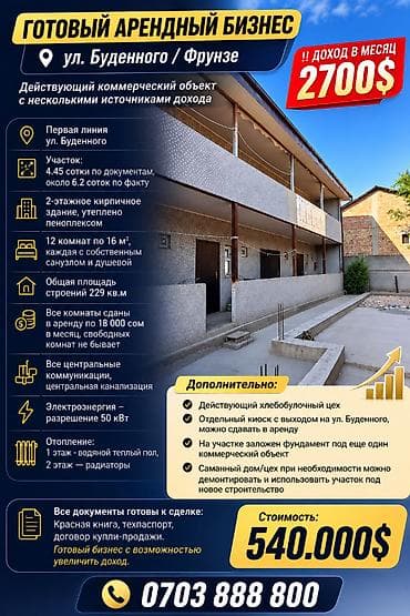 ГОТОВЫЙ АРЕНДНЫЙ БИЗНЕС | ул. Буденного/ Фрунзе Действующий lalafo.kg да ГОТОВЫЙ АРЕНДНЫЙ БИЗНЕС | ул. Буденного/ Фрунзе Действующий