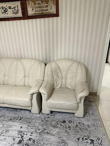 кожаный угловой диван: Комплект мягкой мебели, Б/у, Самовывоз, цвет - Бежевый — 7