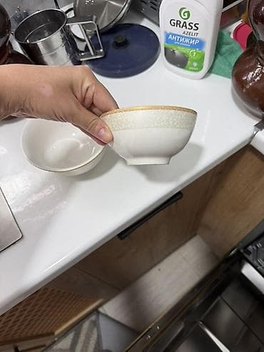 полировочный круг: Набор столовой посуды из тонкого фарфора с золотистым кантом и нежным — 7