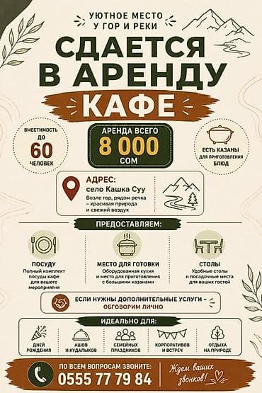 Сдается кафе для мероприятий. На 1 день Основные параметры: -