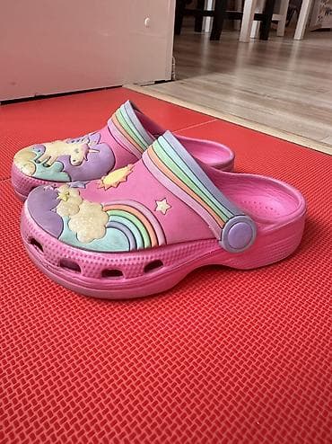 Школьная форма: Детские сабо (кроксы) розовые с объемным принтом - Тематика: единорог — 2