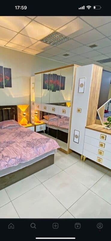 прикроватные тумбочки из экокожи: Спальный гарнитур, Двуспальная кровать, Кыргызстан, МДФ, цвет - Белый — 5