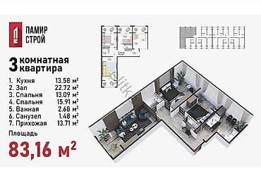 8: 3 комнаты, 83 м², ул. Горького / Алматинка Элитка, 8 этаж, ПСО (под самоотделку) — 3