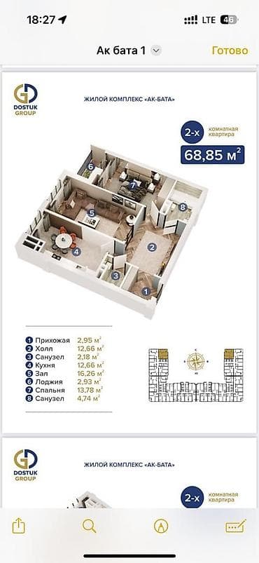 osh hostel: 2 комнаты, 68 м², Элитка, 10 этаж, ПСО (под самоотделку) — 1