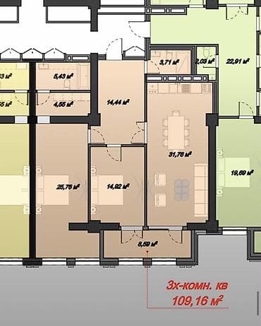 3 комнаты, 109 м², Элитка, 14 этаж, ПСО (под самоотделку) — 4