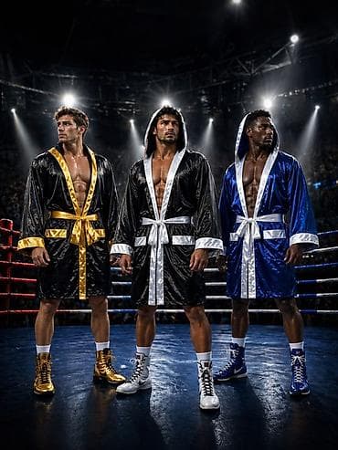 мас халат: Боксерские халаты с капюшоном и поясом - Материал: легкий блестящий — 1