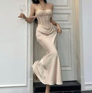 Вечернее платье, Длинная модель, Атлас, Без рукавов, Корсет, M