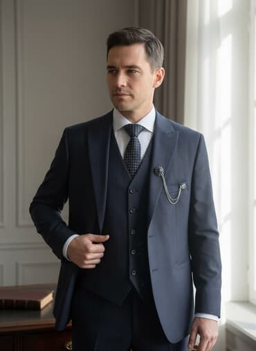 приталенный: Мужской костюм-тройка в классическом стиле: - Цвет: темно-синий с — 1