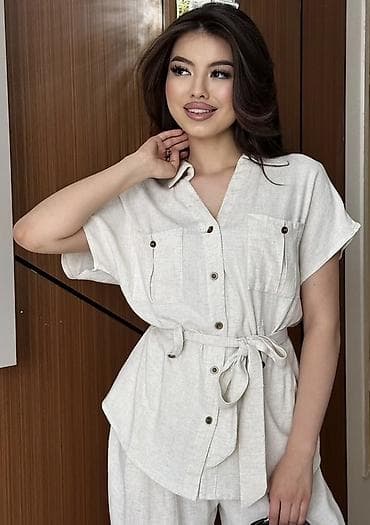 обмен одежды: Женская двойка лен в цвете Айвори: рубашка + брюки Размер стандарт — 3