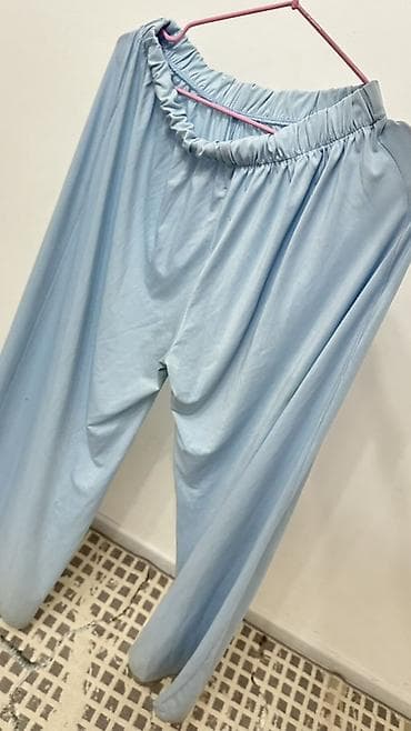 вязаная туника: Комплект в нежно‑голубом цвете: свободное кимоно/накидка + широкие — 3