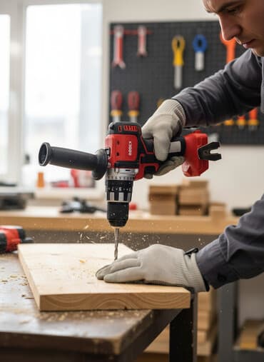 Строительный магазин "Хозмаг": Аккумуляторная ударная дрель Rodex в красно-черном корпусе. Оснащена