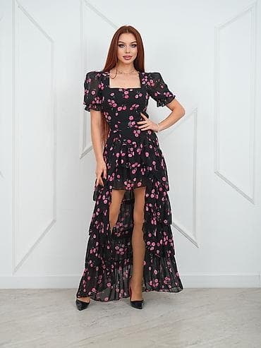 юбка шелк: Вечернее платье, Длинная модель, Шифон, С рукавами, Шлейф, M — 1