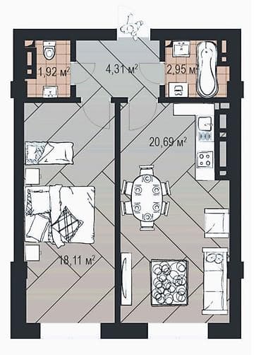Недвижимость: 1 комната, 48 м², АУЦА Элитка, 7 этаж, ПСО (под самоотделку) — 3