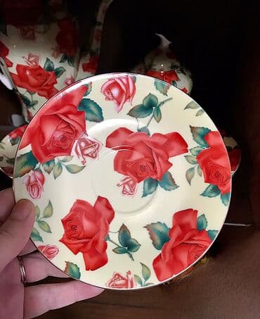 конфетница посуда: Чайный комплект "КРАСНАЯ РОЗА", фарфор, деколь,состояния шикарное ! — 4