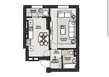 Квартиры: 1 комната, 43 м², Асанбай мкр Элитка, 11 этаж, ПСО (под самоотделку) — 2