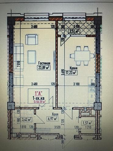 osh flat: 2 комнаты, 56 м², Асанбай мкр Элитка, 11 этаж, ПСО (под самоотделку) — 2