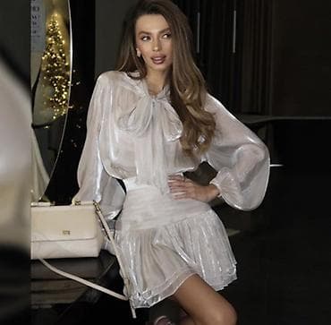 блузка с бантом: Костюм с юбкой, Модель юбки: Плиссе, Мини, Блузка, M — 3