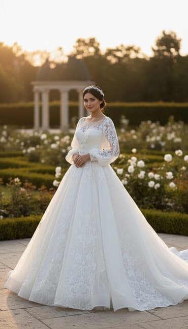 Спецодежда: Свадебное платье, S, Со шлейфом, Фатин, Пышное, Кружево, Б/у — 1