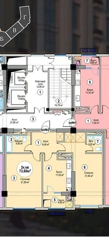 2 комнаты, 74 м², 6 мкр Элитка, 2 этаж, ПСО (под самоотделку) — 3