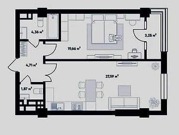 1 bedroom: 1 комната, 61 м², Элитка, 4 этаж, Готовая ПСО (под самоотделку) — 2