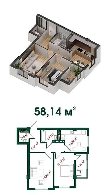 2 комнаты, 58 м², Элитка