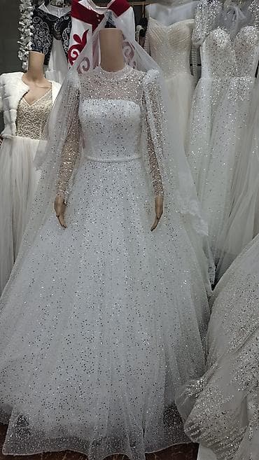 свадебные платья с камнями: Свадебное платье, Со шлейфом, Фатин, Пышное, Пайетки, Новый — 3