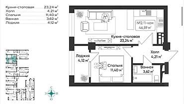 жк дубай бишкек: 1 бөлмө, 47 м², Элитка, 4 кабат, ПСО (өзү оңдоп түзөтүп бүтүү үчүн) — 3