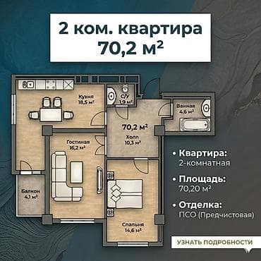 70: 2 комнаты, 70 м², Элитка, 10 этаж, Готовая ПСО (под самоотделку) — 1