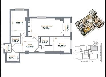 Продажа квартир: 3 комнаты, 94 м², Асанбай мкр Элитка, 13 этаж, ПСО (под самоотделку) — 2