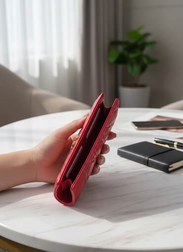 кожанный кошелек: Элегантный кожаный кошелек красного цвета. Кошелек имеет прямоугольную — 1