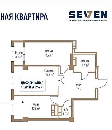 seven: 2 комнаты, 69 м², Элитка, 6 этаж, Готовая ПСО (под самоотделку) — 2
